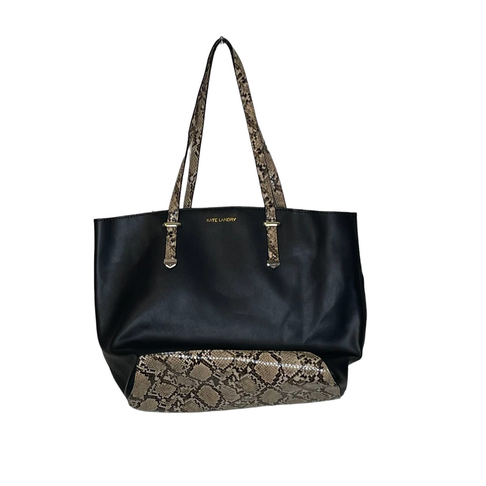 Kate Landry Black Leather Python Snake Print Tote Shoulder Bag Zip Top